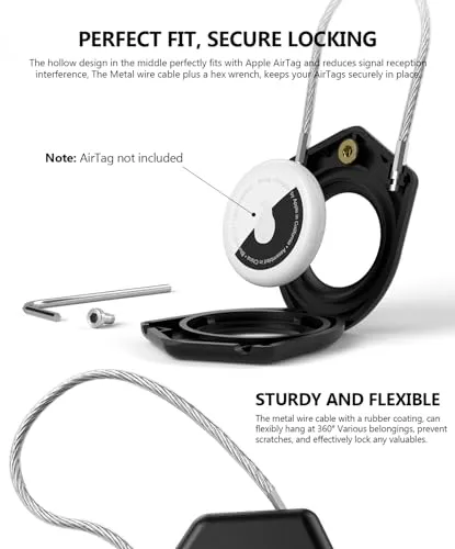 Airtag Case and Holder, Apple Air Tag Cases with Secure Wire Cable, Anti-Scratch for Keychains, Luggage, Bicycle & Pet Wearing, Patented Design, 1 Pack Black