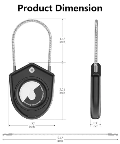 Airtag Case and Holder, Apple Air Tag Cases with Secure Wire Cable, Anti-Scratch for Keychains, Luggage, Bicycle & Pet Wearing, Patented Design, 1 Pack Black