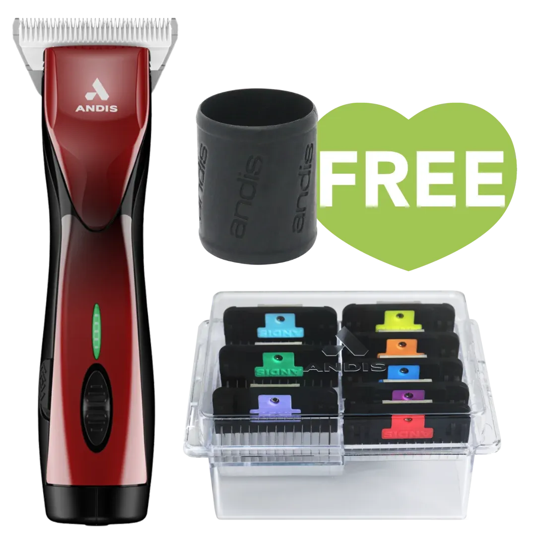 Pulse ZR II Red Clipper with #30W Blade and 8Pc Wide Comb Attachment Bundle by Andis