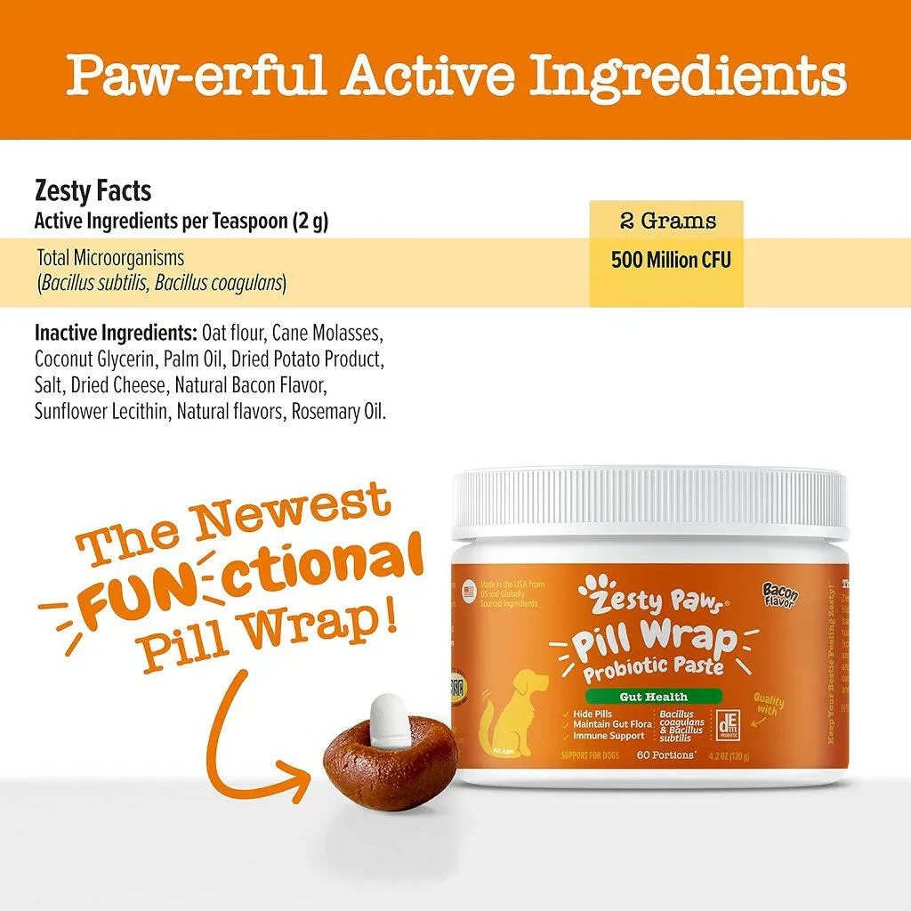 Zesty Paws Pill Wrap Probiotic Paste Bacon Flavor Digestive Support for Dogs (4.2 oz)
